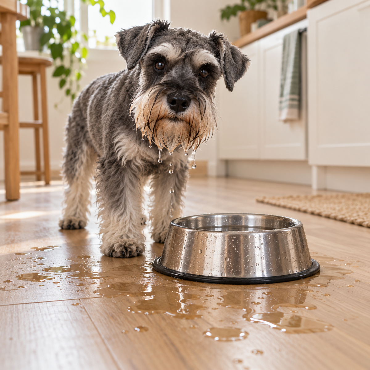 Schnauzer con la barba mojada y charcos junto a un cuenco normal