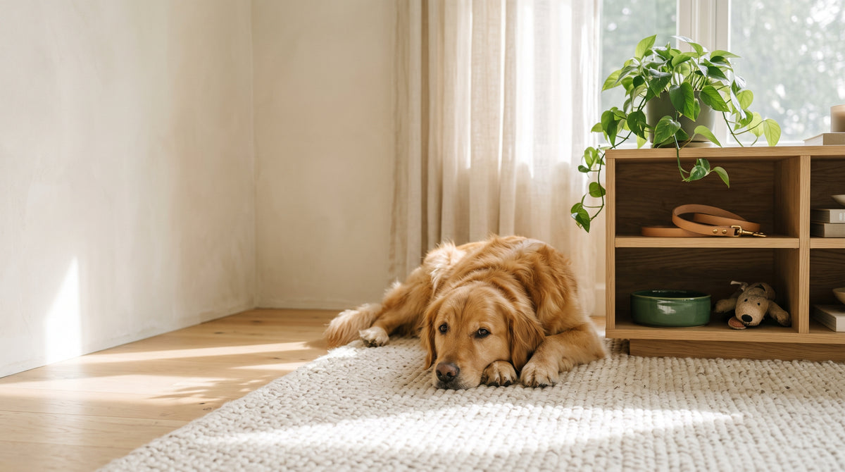Golden retriever tranquilo tumbado en una alfombra en un salón luminoso