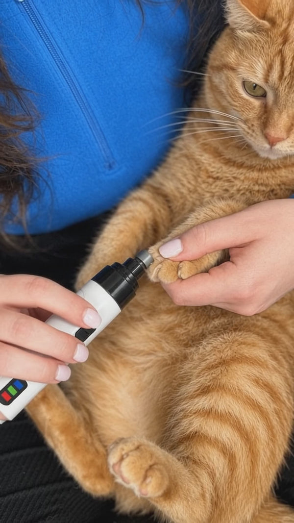 Persona limando la uña a un gato naranja con LimaSuave
